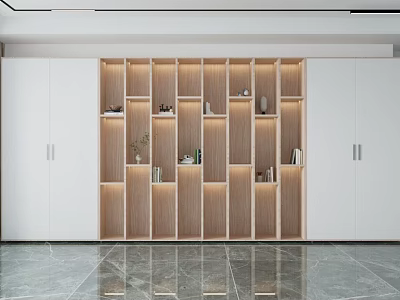 Modern Bookcase With Wooden Shelves LED Lighting And White Cabinets In Elegant Interior 3d model