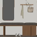 Wooden Bench with Gray Cushion Near Wall Mirror Hanging Rack White Shoes and Plant