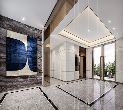 Elegant Modern Elevator Lobby With Marble Walls Decorative Artwork Ceiling Lighting And Glass Doors 3d model