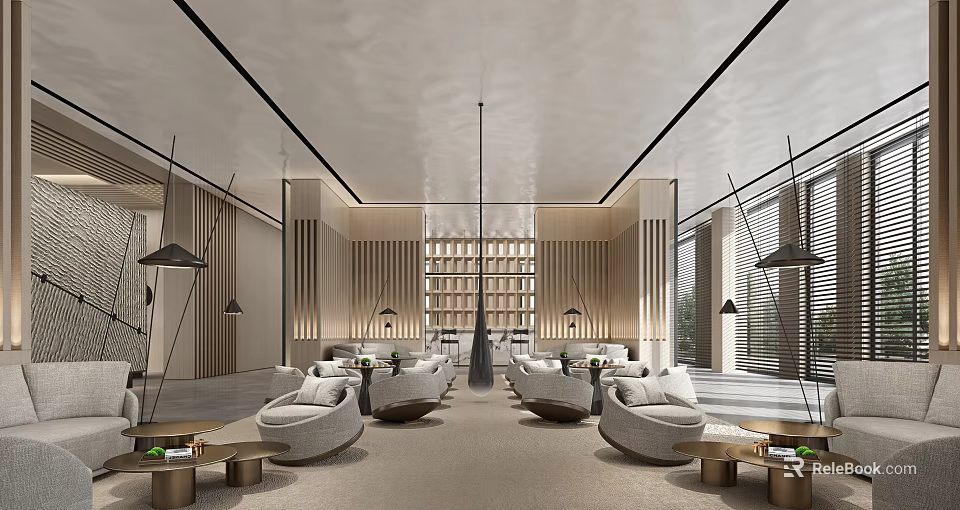 Modern Hotel Lobby Interior With Comfortable Sofas Pendant Lights And Wooden Shelves 3d model 
