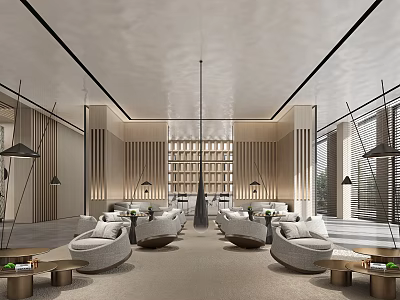 Modern Hotel Lobby Interior With Comfortable Sofas Pendant Lights And Wooden Shelves 3d model
