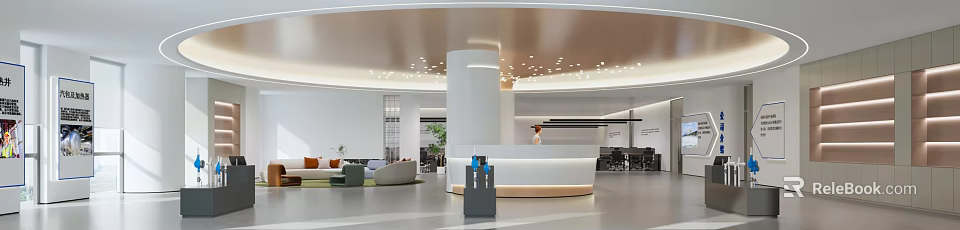 Modern Curved White Reception Desk With Staff Sofa Green Plants And Circular Ceiling Lights 3d model 