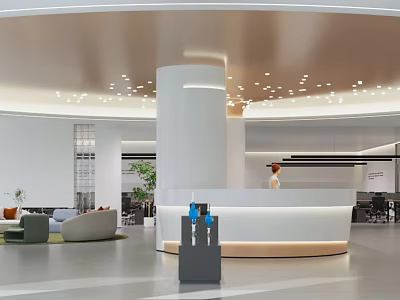 Modern Curved White Reception Desk With Staff Sofa Green Plants And Circular Ceiling Lights 3d model
