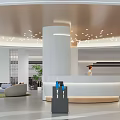 Modern Curved White Reception Desk With Staff Sofa Green Plants And Circular Ceiling Lights