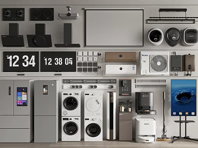 Modern household appliances combination refrigerator air conditioner washing machine range hood projection screen sweeping robot 3d model