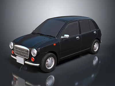 Black Vintage Small Car With Front Grille Round Headlights Silver Door Handles On Reflective Surface 3d model