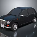 Black Vintage Small Car With Front Grille Round Headlights Silver Door Handles On Reflective Surface