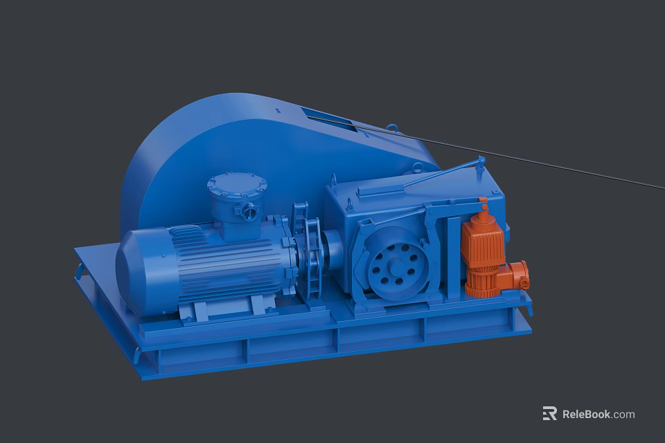 Industrial Winch Equipment with Blue Main Body Orange Components Motor and Gearbox 3d model 