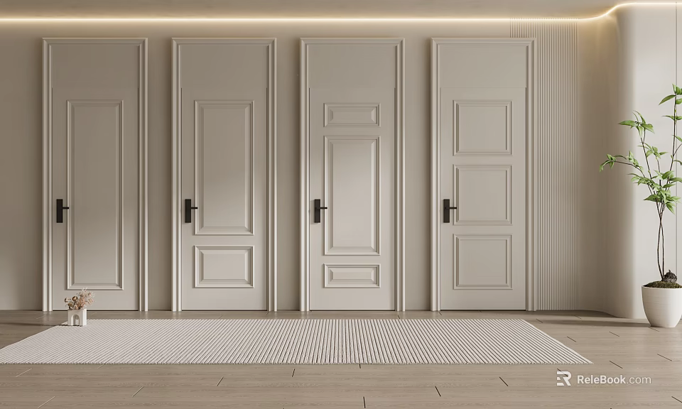 Modern Interior With White Hinged Doors Featuring Different Panel Designs and Light Colored Walls 3d model