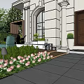 Garden Courtyard Design With Outdoor Sofa Cushions Wooden Fence Bar Counter And Swimming Pool Edge
