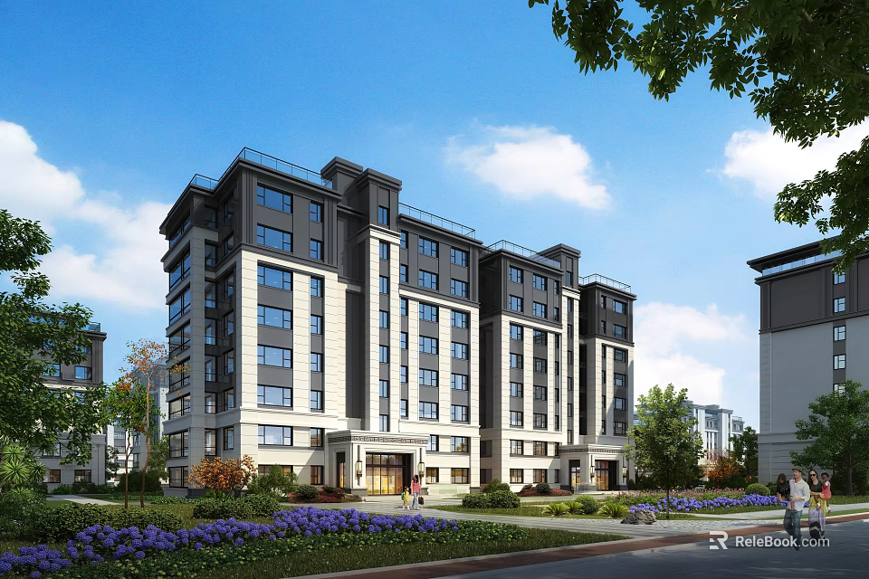 Modern Residential Building With Contemporary Facade Large Windows And Landscaped Gardens 3d model 