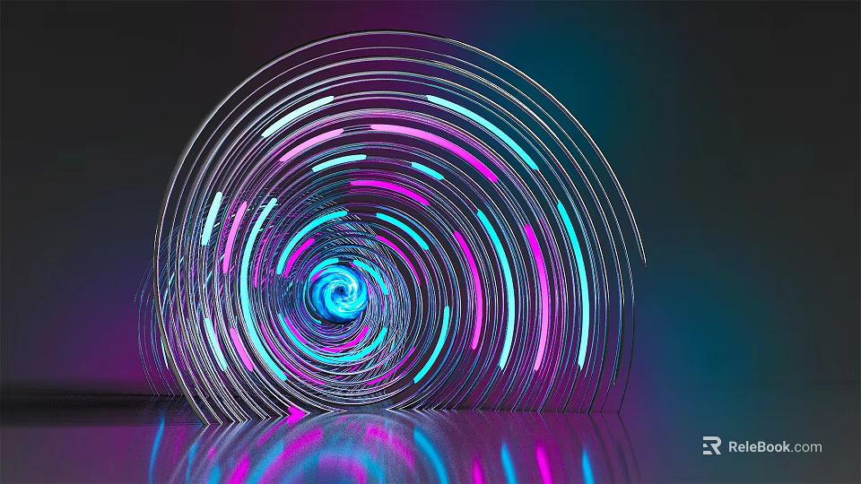 Colorful Neon Spiral Structure With Blue Pink Lights On Dark Reflective Surface 3d model 