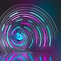 Colorful Neon Spiral Structure With Blue Pink Lights On Dark Reflective Surface