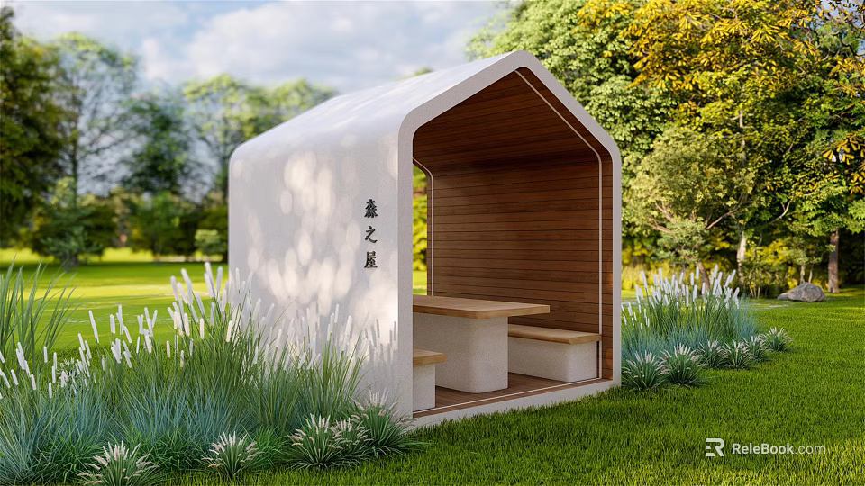 Outdoor Shelter with White Exterior and Wooden Interior Bench Table Surrounded by Green Grass Trees Plants 3d model 