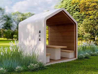 Outdoor Shelter with White Exterior and Wooden Interior Bench Table Surrounded by Green Grass Trees Plants 3d model