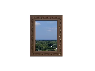 Decorative Mirror with Brown Ornate Frame Reflecting Blue Sky White Clouds and Green Landscape 3d model