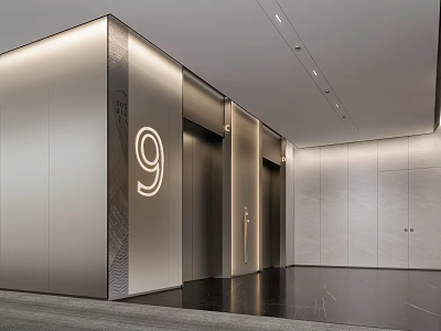 Modern Elevator Lobby With Floor Number 9 Sleek Walls And Polished Floors 3d model