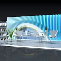 Modern Exhibition Booth With Blue Wavy Backdrop White Tables Chairs Display Shelves And Plants