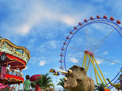 Amusement Park Scene With Ferris Wheel Carousel Dinosaur Model And Balloons Under Blue Sky 3d model