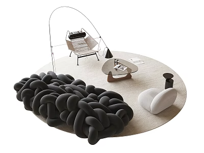 Gray Knotted Sofa And Coffee Table Set With Round Rug Accent Chair And Floor Lamp 3d model