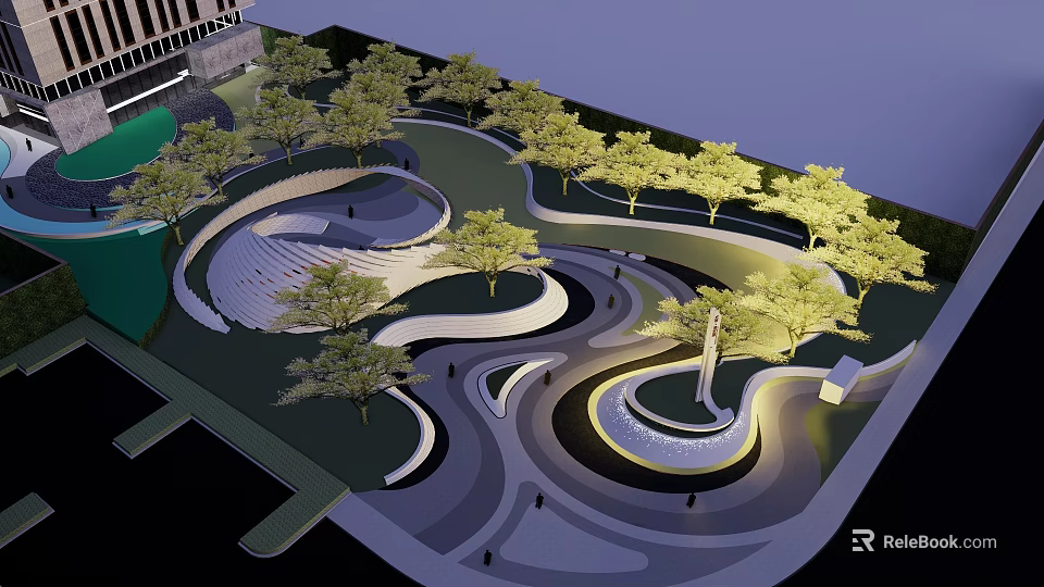 Beautiful Park Landscape Design With Curved Walkways Green Trees And Central Monument 3d model 
