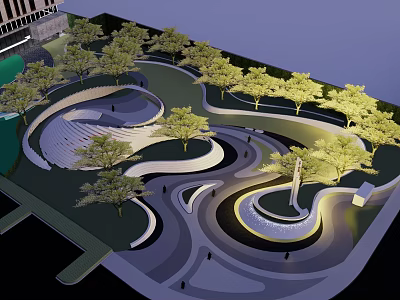 Beautiful Park Landscape Design With Curved Walkways Green Trees And Central Monument 3d model