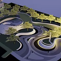 Beautiful Park Landscape Design With Curved Walkways Green Trees And Central Monument