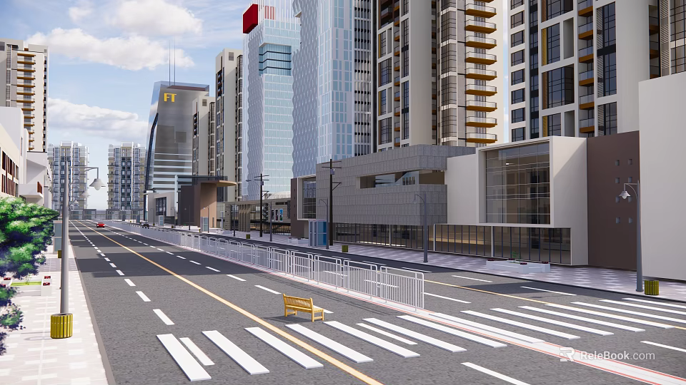 Urban Commercial Street With Modern Tall Buildings Bench And Zebra Crossing 3d model 