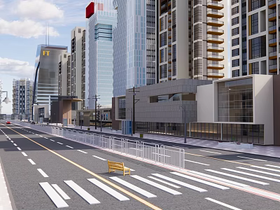 Urban Commercial Street With Modern Tall Buildings Bench And Zebra Crossing 3d model