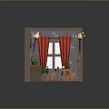 Cozy Interior Room With Red Curtains Round Table Stools Wall Decor And Window