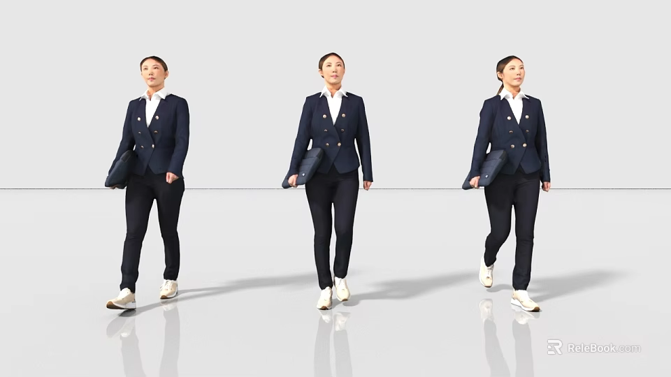 Three Professional Women in Navy Blue Uniforms Carrying Black Handbags Walking Together 3d model 