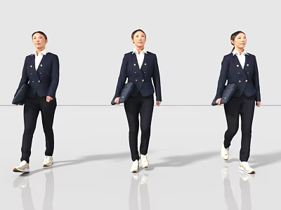 Three Professional Women in Navy Blue Uniforms Carrying Black Handbags Walking Together 3d model