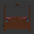 Four Poster Bed With Wooden Frame Decorative Metal Headboard Blue Mattress And Pink Pillows