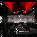 Modern KTV Lounge Interior With Black Leather Sofas Red Accent Lighting And LED Screens