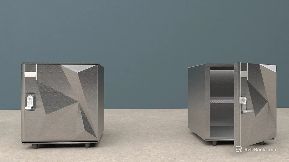 Modern Metal Cabinets One Closed With Geometric Design One Open With Inner Shelves 3d model 