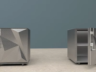 Modern Metal Cabinets One Closed With Geometric Design One Open With Inner Shelves 3d model