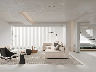 Modern Minimalist Living Room Interior In White Tone With Sofa Floor Lamp Rug And Staircase 3d model
