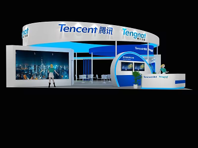Tencent Exhibition Booth With Blue And White Design Large Screen And Reception Desk 3d model