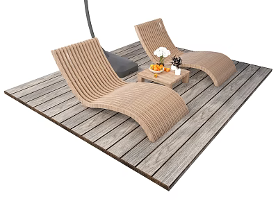 Outdoor Woven Lounge Chairs On Wooden Deck With Side Table Fruits And Flowers 3d model