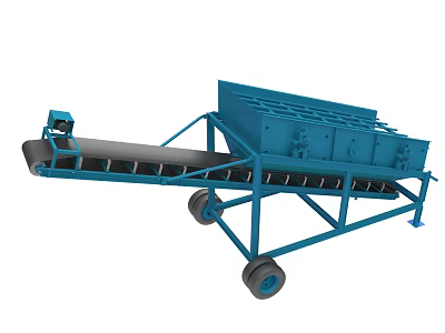 Blue Mobile Conveyor Belt Equipment With Industrial Frame And Wheels 3d model