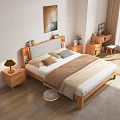 Double Bed With Striped Headboard LED Lights Bedside Tables And Wooden Floor