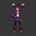3D Game Character with Pink Hair Purple Hat Red Balls Purple Coat and Pink Boots