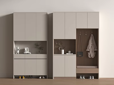 Modern Gray Shoe Cabinet With Shoe Storage Coat Hooks Bench And Decorative Items 3d model