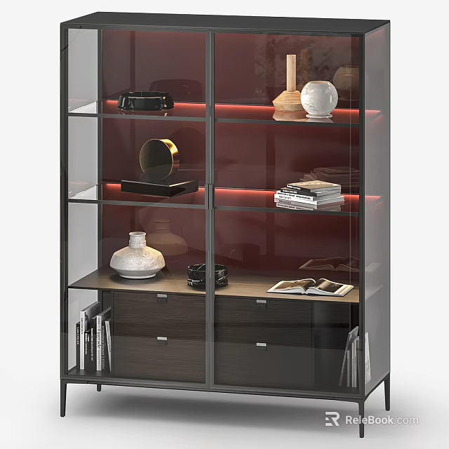 Modern Display Cabinet With Glass Shelves LED Lighting Drawers And Decorative Items 3d model 
