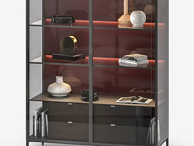 Modern Display Cabinet With Glass Shelves LED Lighting Drawers And Decorative Items 3d model