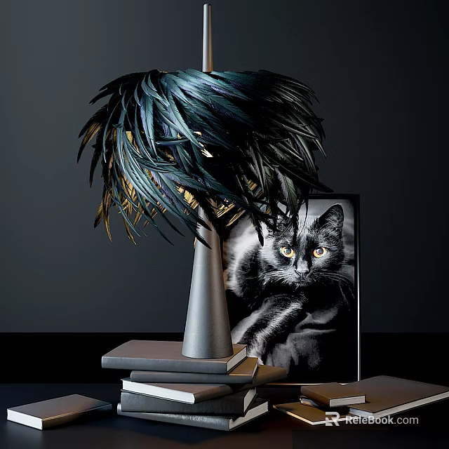 Decorative Ornament Set With Feather Lampshade Black Cat Photo And Metal Base On Books 3d model 