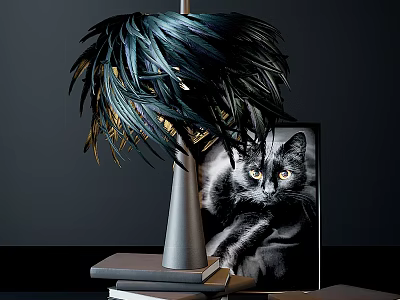 Decorative Ornament Set With Feather Lampshade Black Cat Photo And Metal Base On Books 3d model