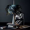Decorative Ornament Set With Feather Lampshade Black Cat Photo And Metal Base On Books