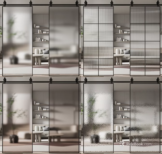Modern Interior Design Featuring Sliding Glass Barn Door With Bookshelves And Plants 3d model 