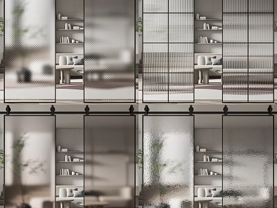 Modern Interior Design Featuring Sliding Glass Barn Door With Bookshelves And Plants 3d model